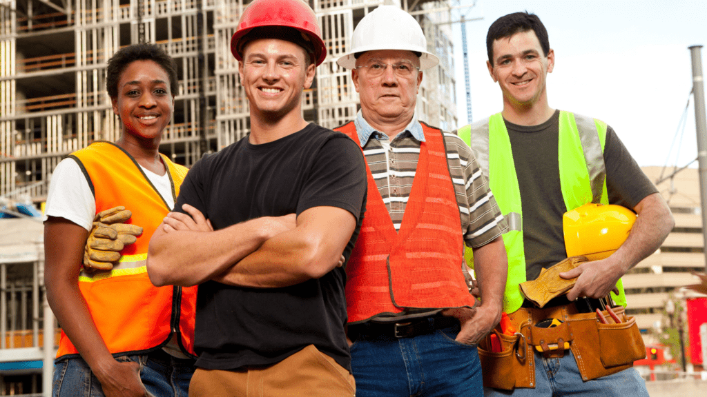 Construction workers in hard hats and safety vests