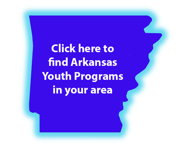 Map the shape of Arkansas that says Click here to find Arkansas Youth Programs in your area