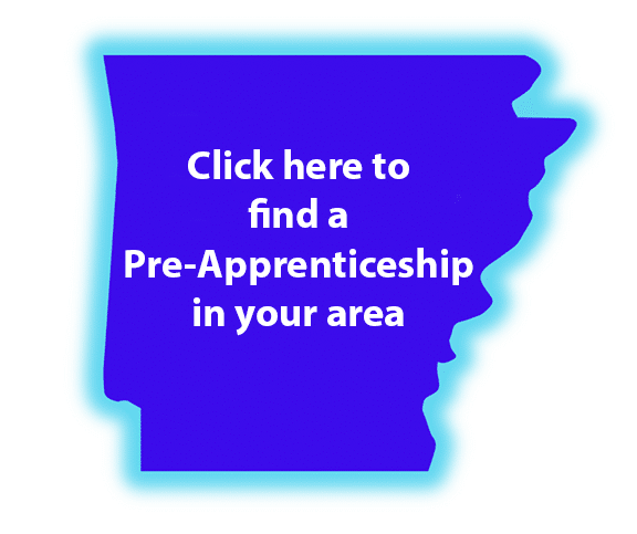 Map the shape of Arkansas with the text click here to find a pre-apprenticeship in your area