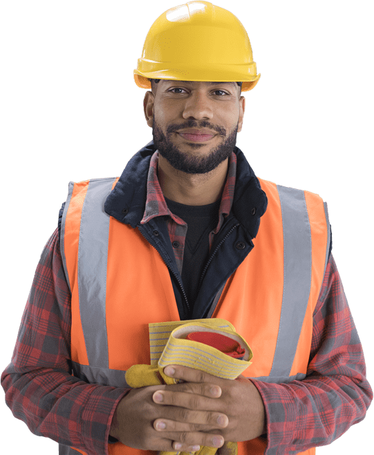 Construction worker with safety vest and hat holding work gloves